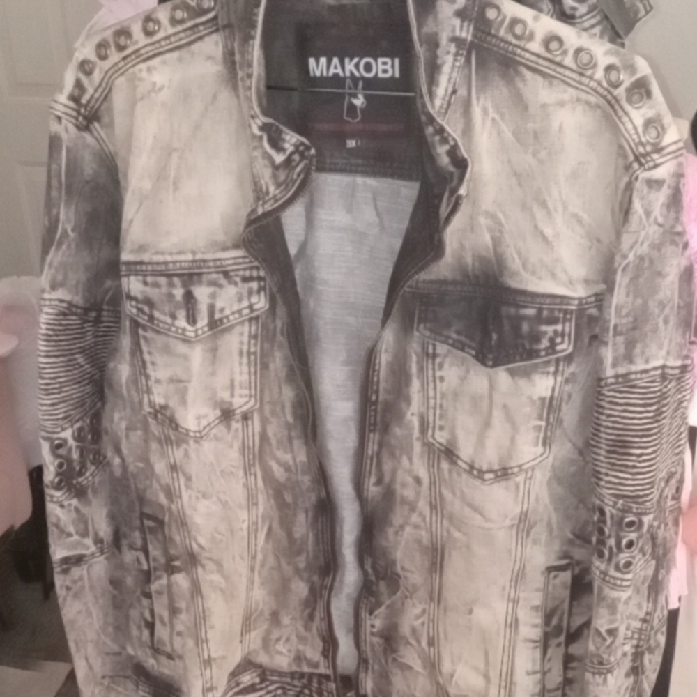 Makobi Black Distressed Denim Jacket Mens Zip Up Size 3XL Style #M1047